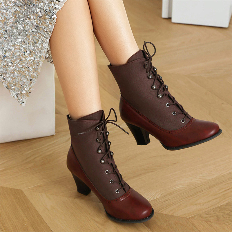Shoeswoon Retro Panel Lace Up Ankle Heel Boots