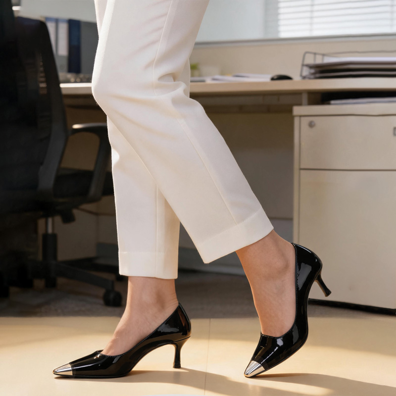 Shoeswoon Black Patent Metal Cap Pointed Toe Slip On Kitten Heel Pumps