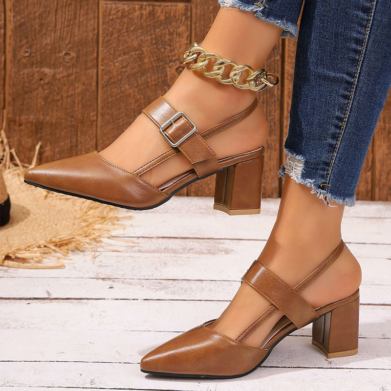 Shoeswoon Pointed Toe Ankle Strap Slingback Block Heel Pumps