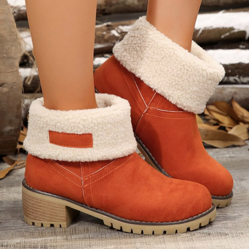 Shoeswoon Fleece Cuff Round Toe Block Heel Ankle Boots
