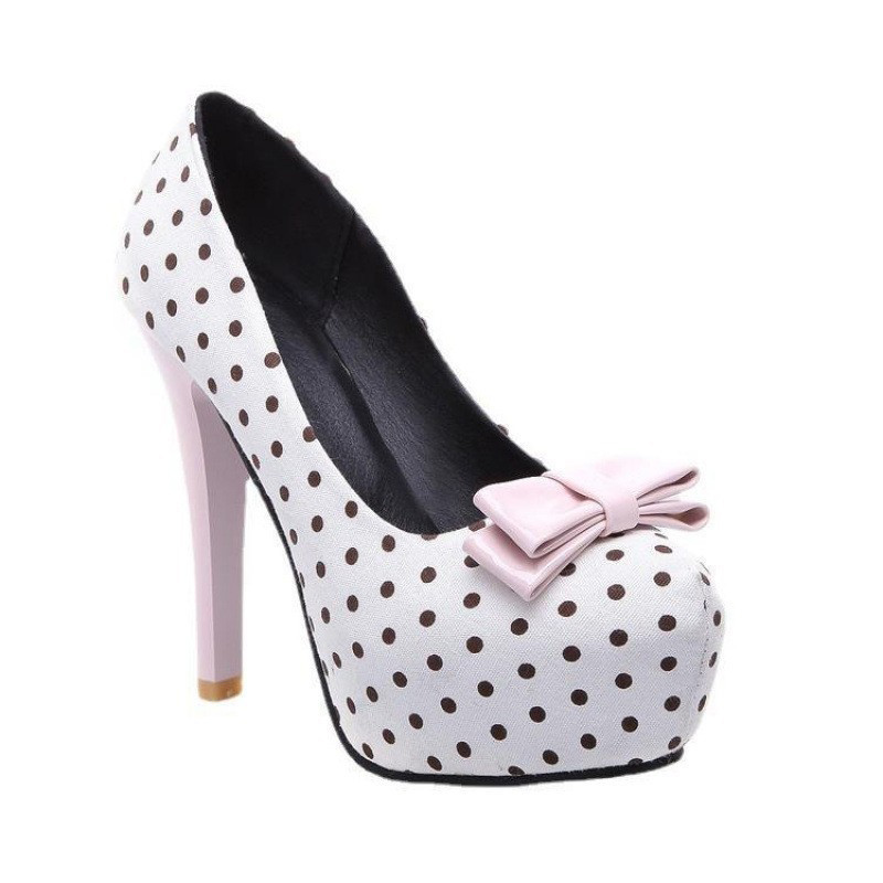 Shoeswoon Polka Dot Round Toe Platform Stiletto Pumps