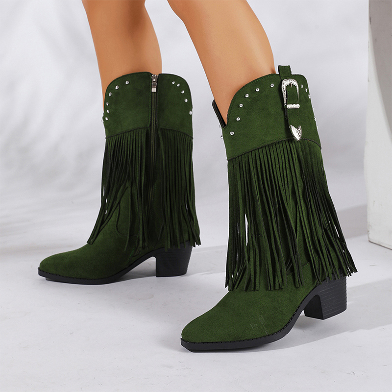 Shoeswoon Fringe Western Ankle Boots Pointed Toe Block Heel
