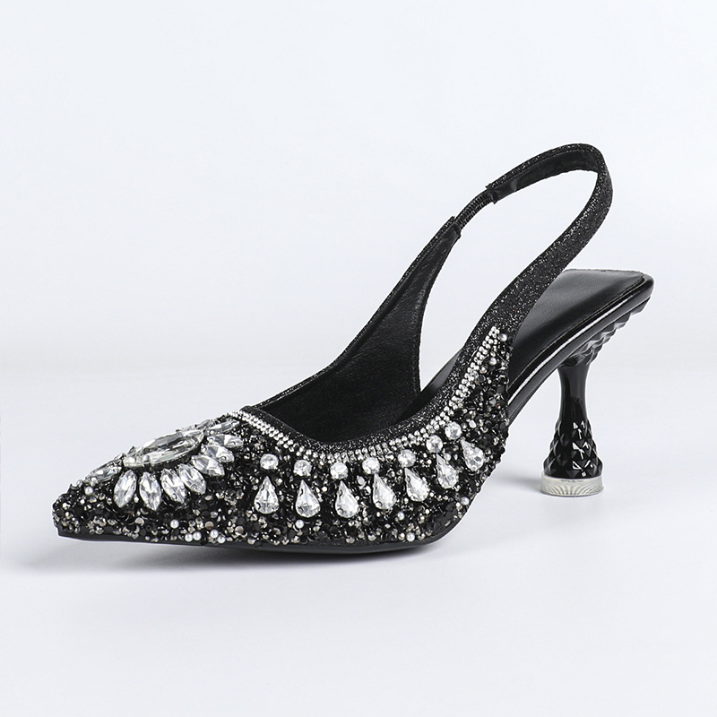 Shoeswoon Rhinestone Pointed Toe Slingback Sculptured High Heels