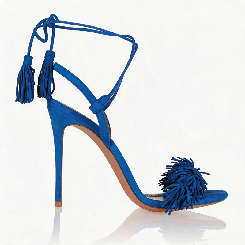 Shoeswoon Fringe Decor Open Toe Lace Up Ankle Wrap Tassel Stiletto Sandals