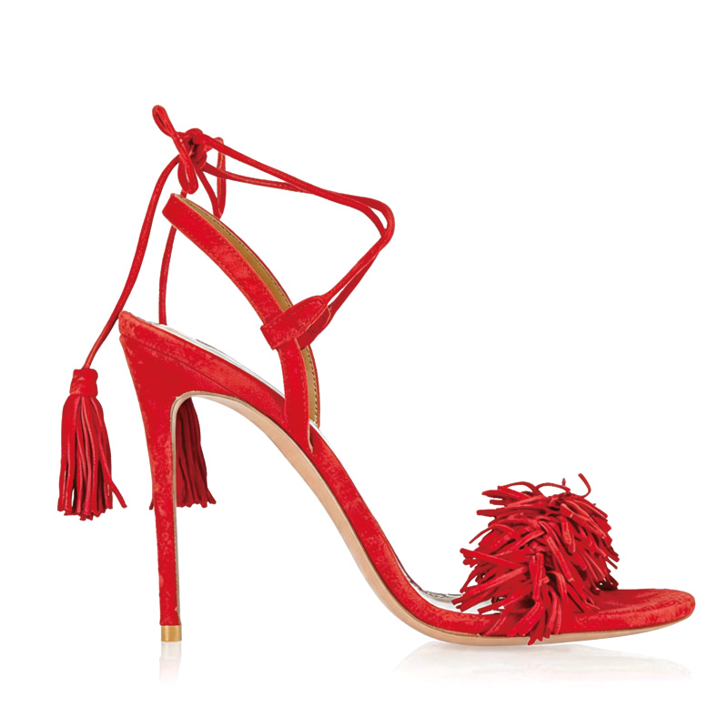 Shoeswoon Fringe Decor Open Toe Lace Up Ankle Wrap Tassel Stiletto Sandals