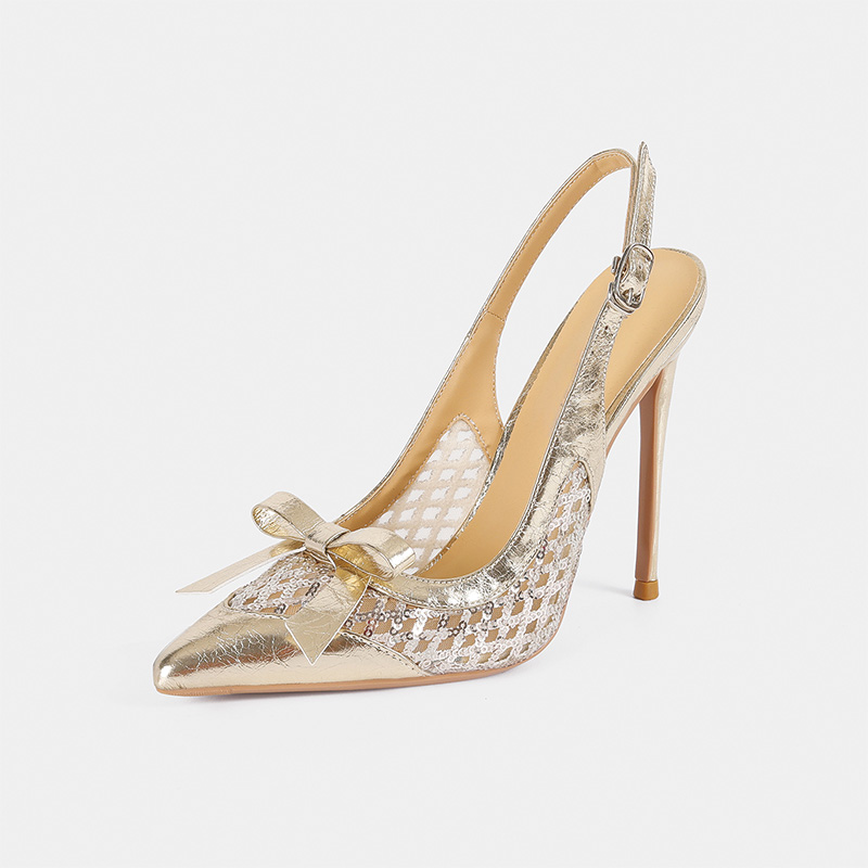 Shoeswoon Hollow Mesh Slingback Pumps Mini Bow Decor Adjustable Buckle High Heels