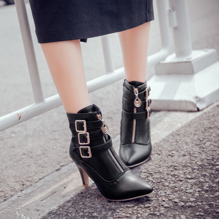 Shoeswoon Pointed‑Toe Ankle Booties Triple Buckle Straps Front Zipper Decor Slim Stiletto Heel