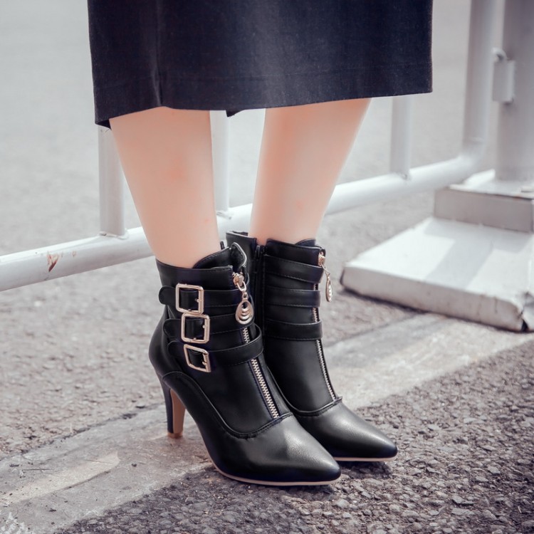 Shoeswoon Pointed‑Toe Ankle Booties Triple Buckle Straps Front Zipper Decor Slim Stiletto Heel