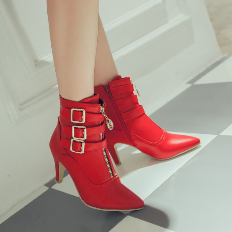 Shoeswoon Pointed‑Toe Ankle Booties Triple Buckle Straps Front Zipper Decor Slim Stiletto Heel