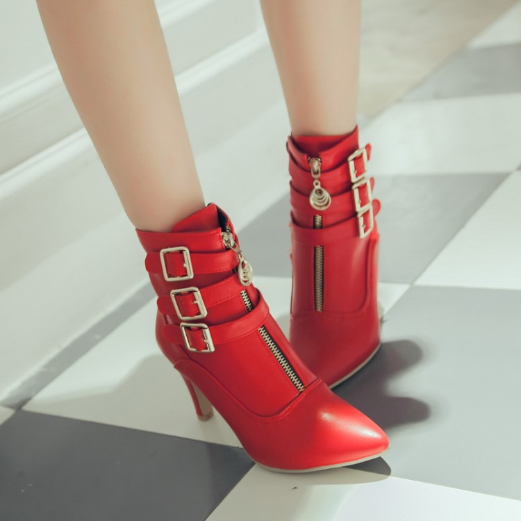 Shoeswoon Pointed‑Toe Ankle Booties Triple Buckle Straps Front Zipper Decor Slim Stiletto Heel