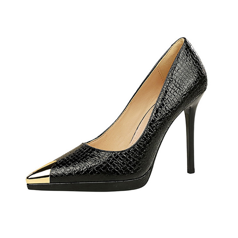 Shoeswoon Croc Textured Platform Pumps Metal Toe Cap Slim Stiletto Heel