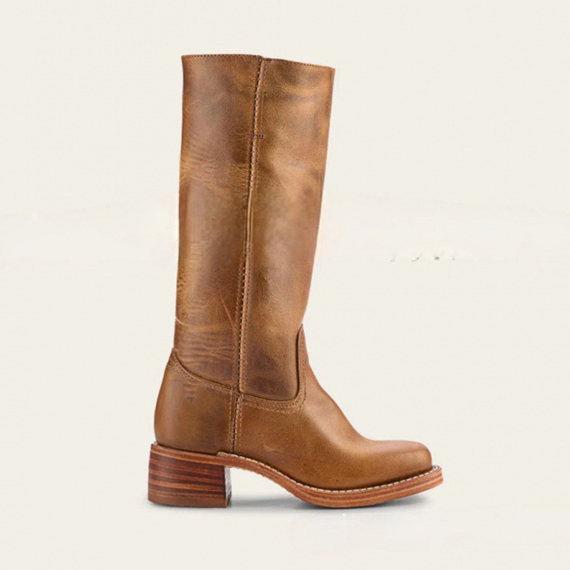 Shoeswoon Round Toe Stacked Heel Knee High Riding Boots