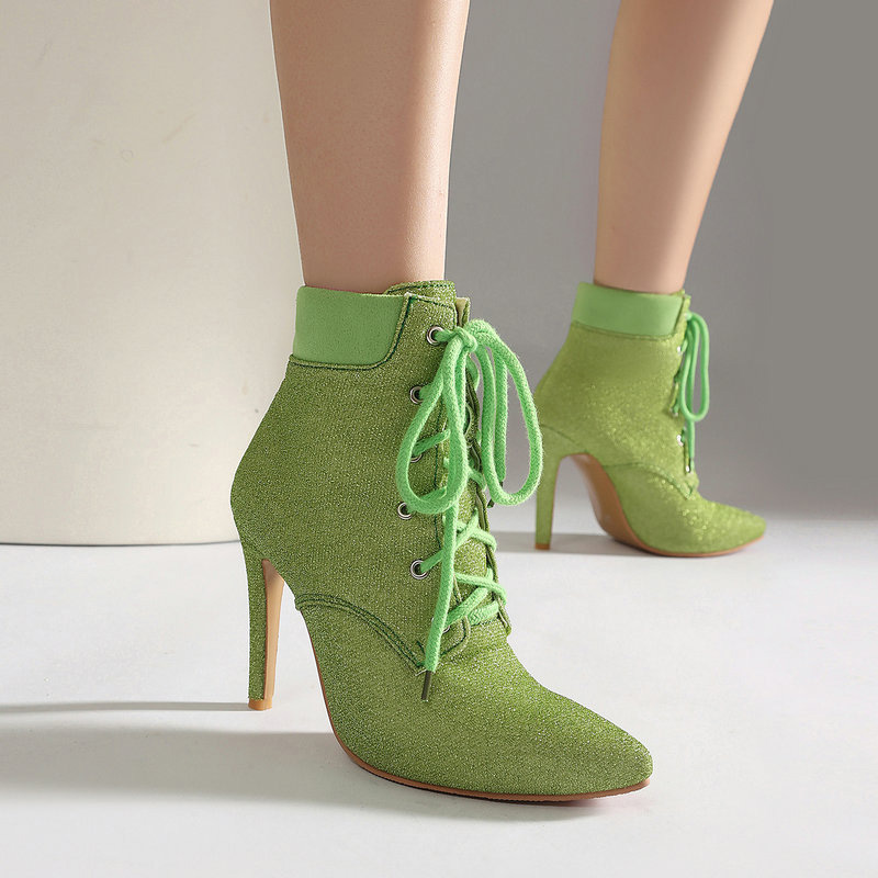 Shoeswoon Glitter Lace Up Pointed Toe Stiletto Ankle Boots