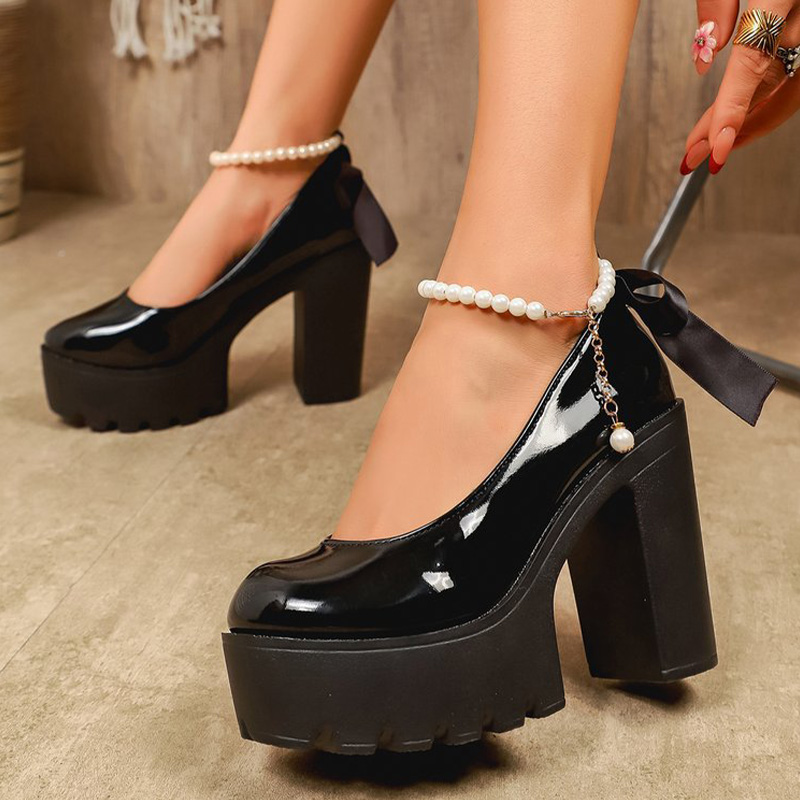 Shoeswoon Round Toe Pearl Ankle Strap Platform Chunky Heels