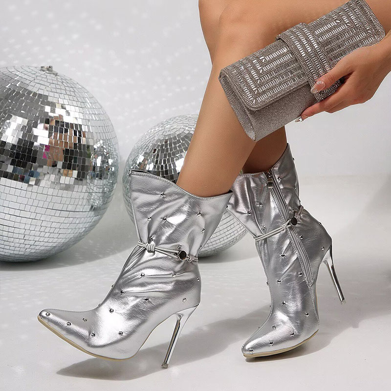 Shoeswoon Punk Rivet Slim Heel Ankle Booties