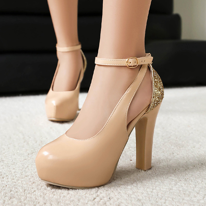 Shoeswoon Round Toe Platform Ankle Strap Chunky Heel Pumps
