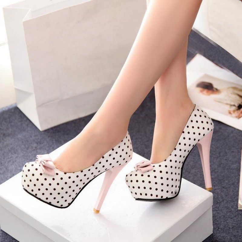 Shoeswoon Polka Dot Round Toe Platform Stiletto Pumps