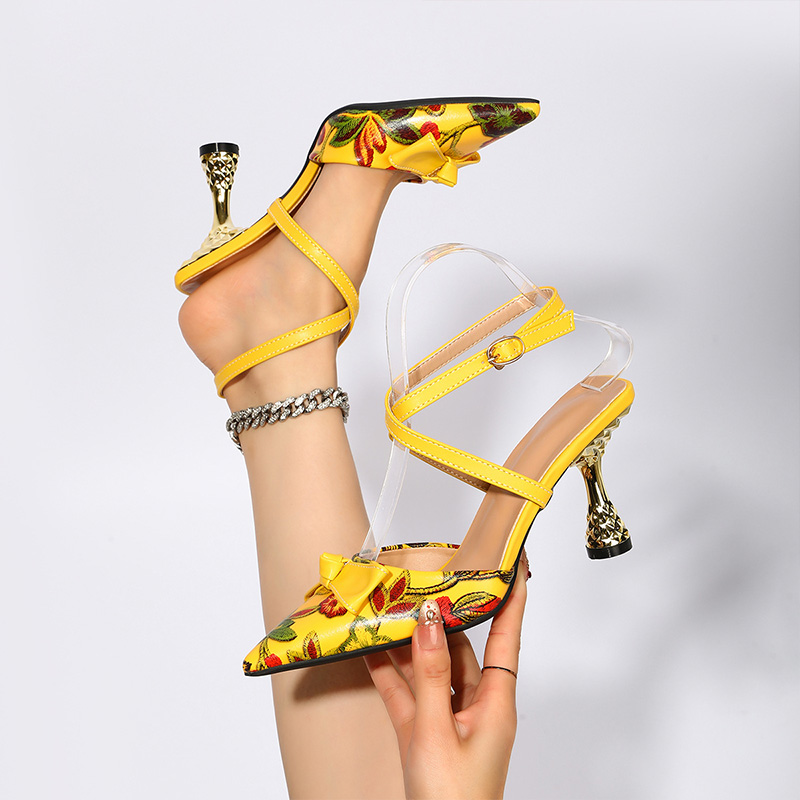 Shoeswoon Floral Print Pointed Toe Ankle Strap Sculptural Heel Pumps