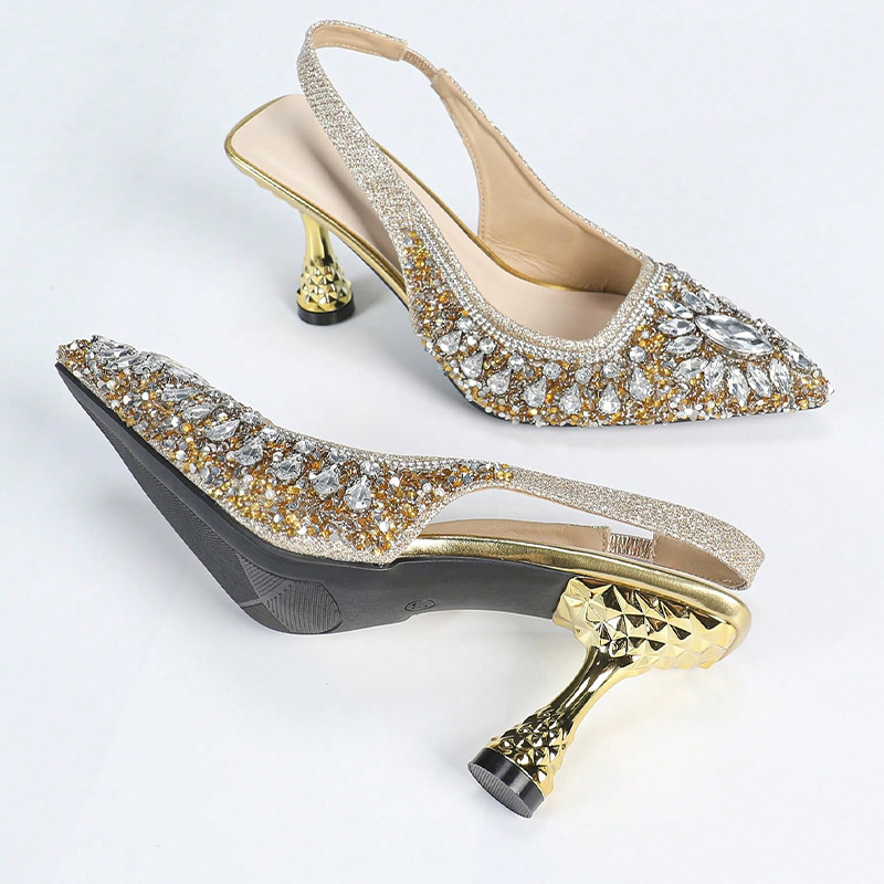 Shoeswoon Rhinestone Pointed Toe Slingback Sculptured High Heels