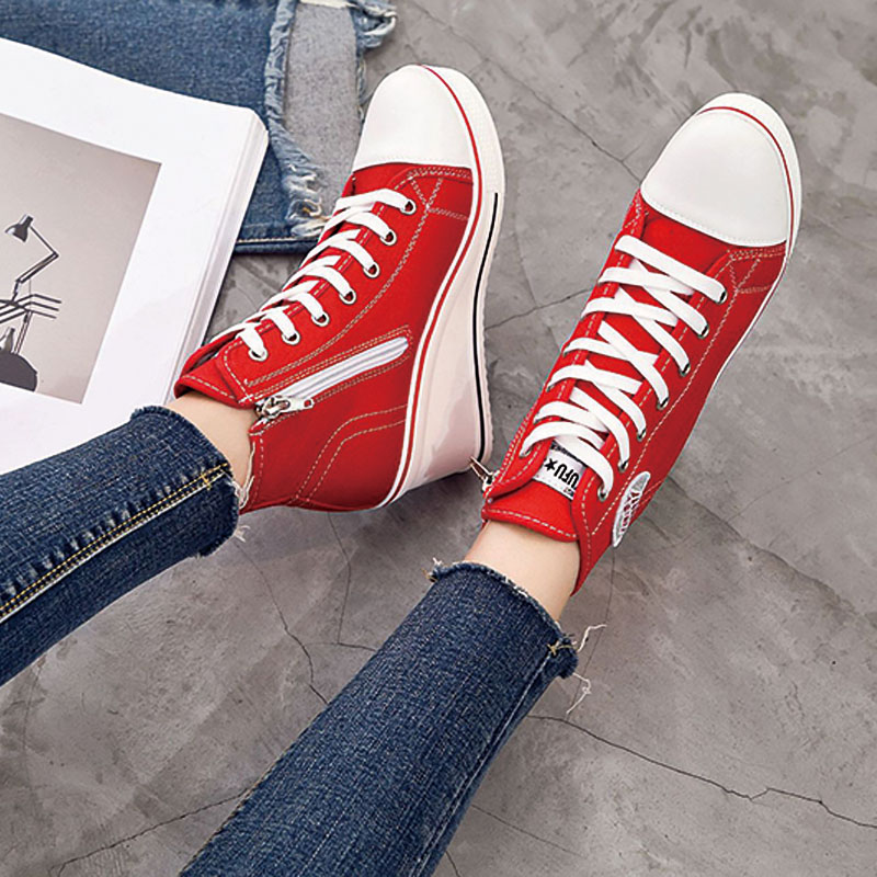 Shoeswoon Canvas Lace‑Up Canvas Wedge Heel High‑Top Sneakers with Diamond Applique