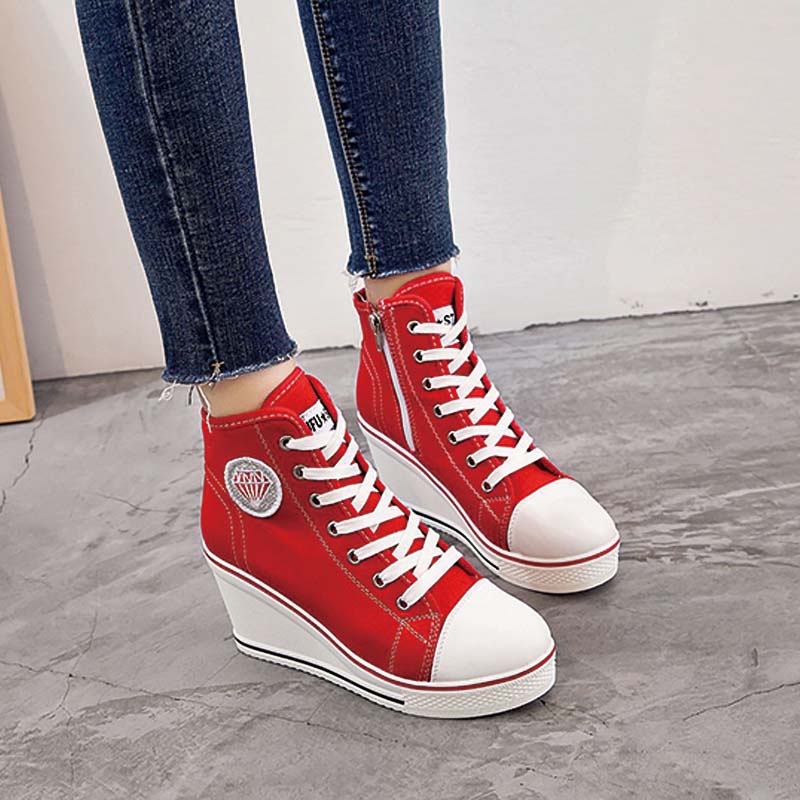 Shoeswoon Canvas Lace‑Up Canvas Wedge Heel High‑Top Sneakers with Diamond Applique