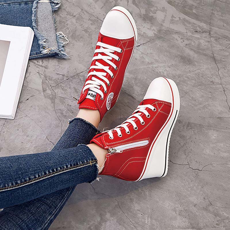 Shoeswoon Canvas Lace‑Up Canvas Wedge Heel High‑Top Sneakers with Diamond Applique