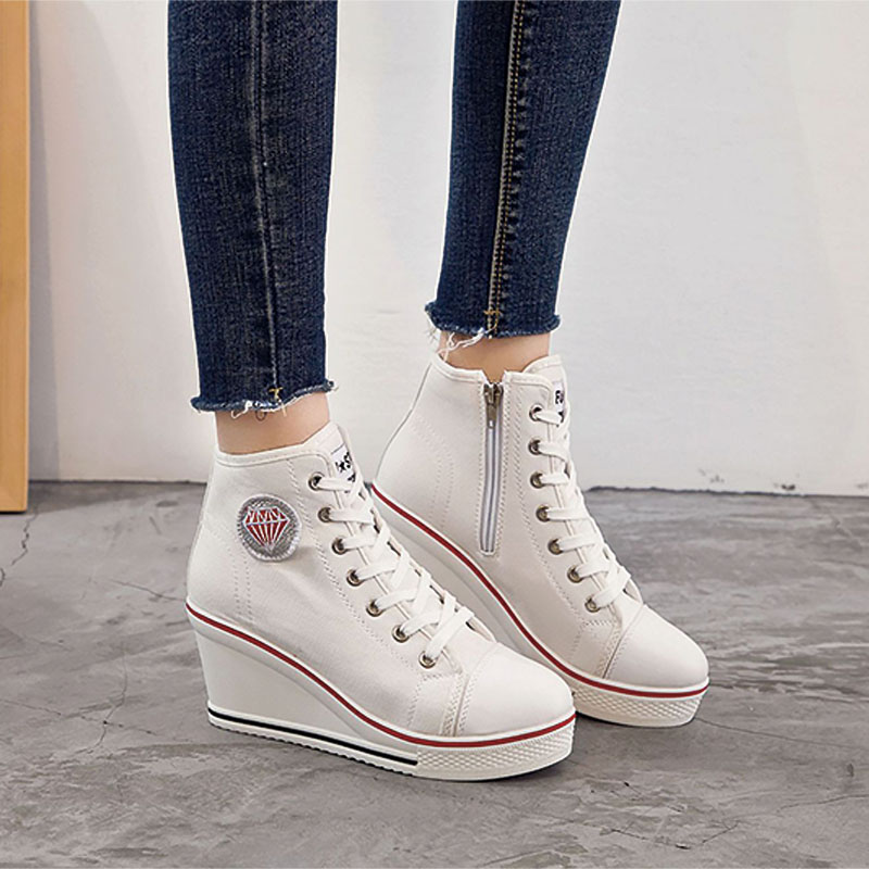 Shoeswoon Canvas Lace‑Up Canvas Wedge Heel High‑Top Sneakers with Diamond Applique