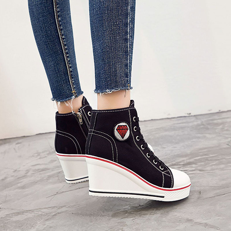 Shoeswoon Canvas Lace‑Up Canvas Wedge Heel High‑Top Sneakers with Diamond Applique