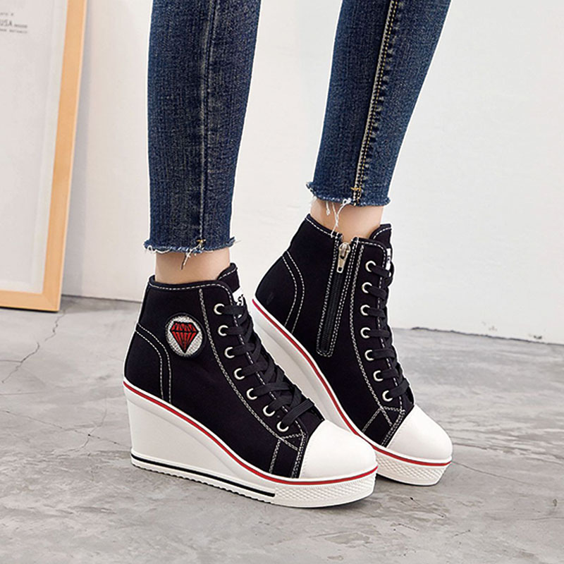 Shoeswoon Canvas Lace‑Up Canvas Wedge Heel High‑Top Sneakers with Diamond Applique