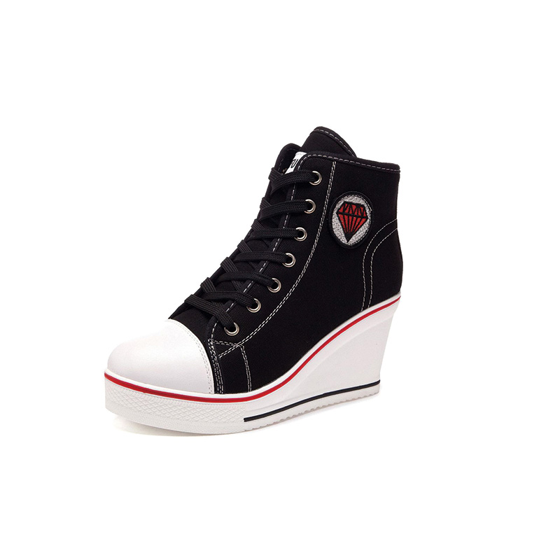 Shoeswoon Canvas Lace‑Up Canvas Wedge Heel High‑Top Sneakers with Diamond Applique