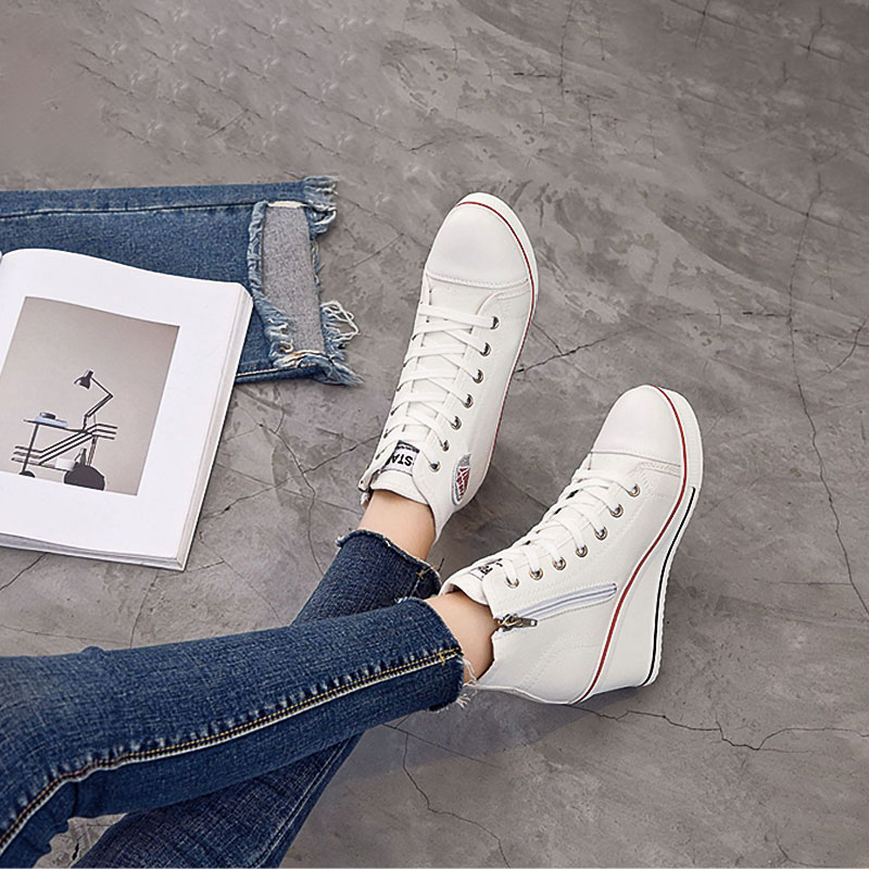 Shoeswoon Canvas Lace‑Up Canvas Wedge Heel High‑Top Sneakers with Diamond Applique