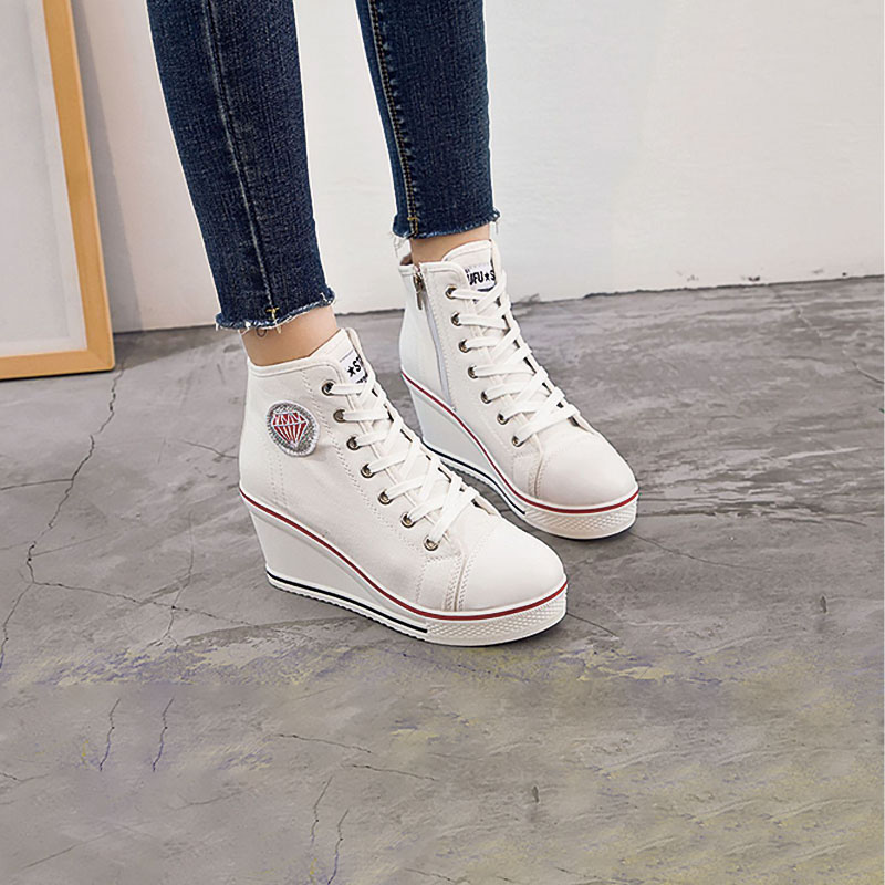 Shoeswoon Canvas Lace‑Up Canvas Wedge Heel High‑Top Sneakers with Diamond Applique