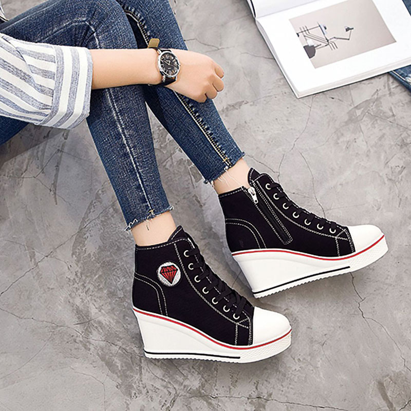 Shoeswoon Canvas Lace‑Up Canvas Wedge Heel High‑Top Sneakers with Diamond Applique
