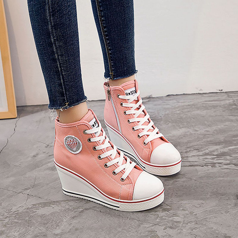 Shoeswoon Canvas Lace‑Up Canvas Wedge Heel High‑Top Sneakers with Diamond Applique