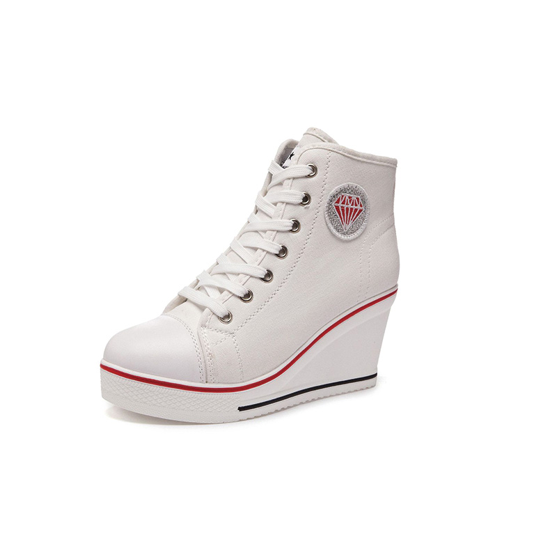 Shoeswoon Canvas Lace‑Up Canvas Wedge Heel High‑Top Sneakers with Diamond Applique