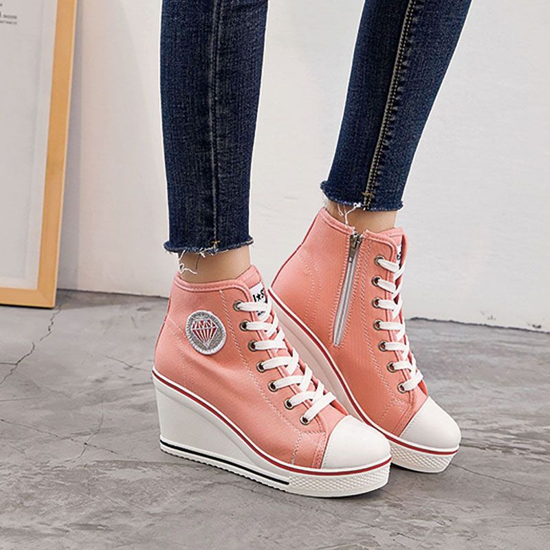 Shoeswoon Canvas Lace‑Up Canvas Wedge Heel High‑Top Sneakers with Diamond Applique