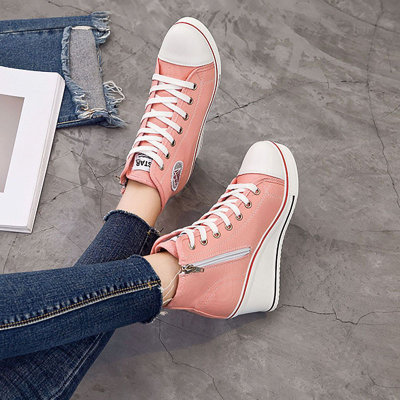 Shoeswoon Canvas Lace‑Up Canvas Wedge Heel High‑Top Sneakers with Diamond Applique