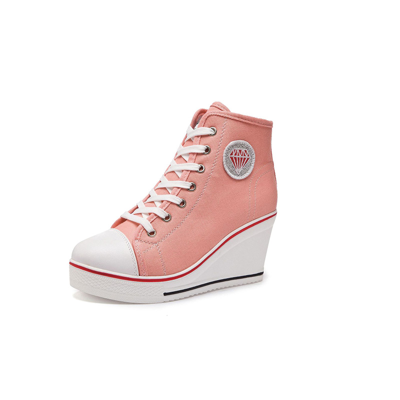 Shoeswoon Canvas Lace‑Up Canvas Wedge Heel High‑Top Sneakers with Diamond Applique