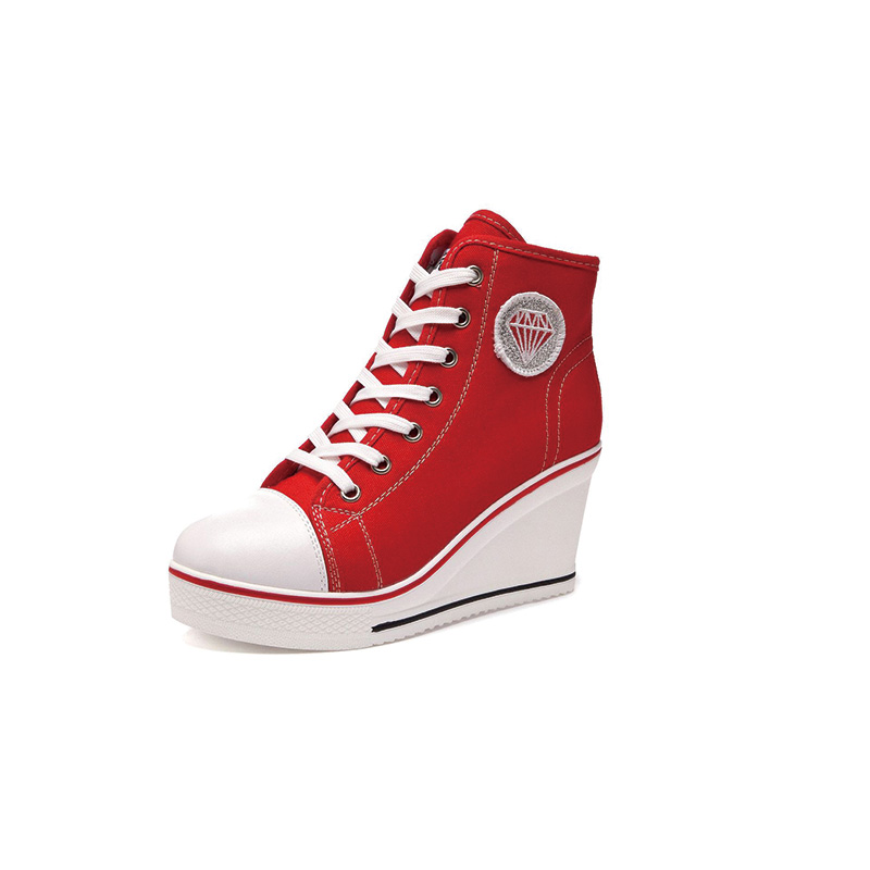 Shoeswoon Canvas Lace‑Up Canvas Wedge Heel High‑Top Sneakers with Diamond Applique