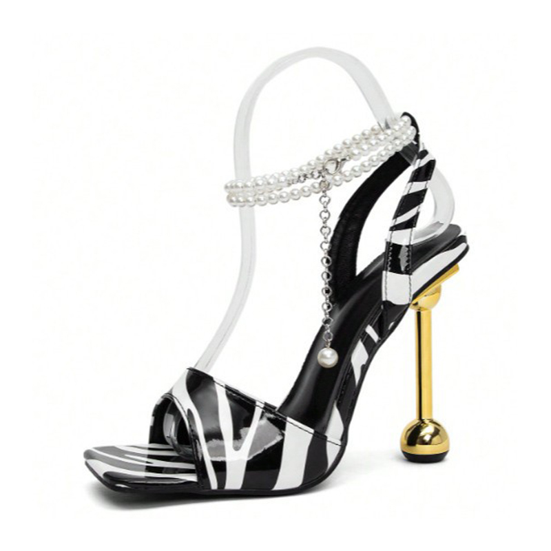 Shoeswoon Printed Open Toe Stiletto Sandals With Pearl Ankle Chain