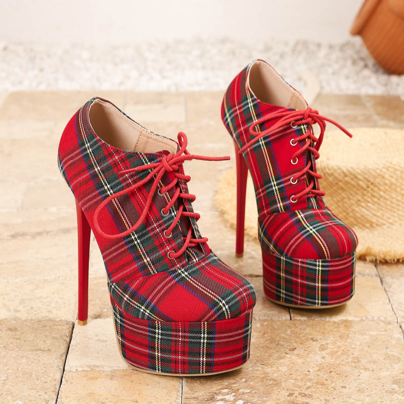 Shoeswoon Plaid Lace‑Up Platform Pumps Round Toe Stiletto Heel