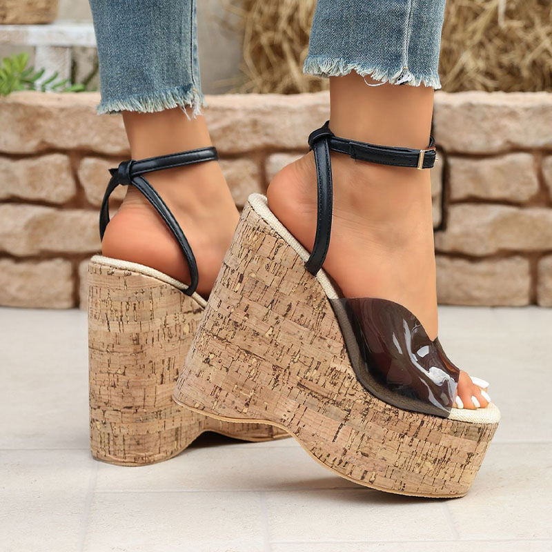 Shoeswoon Transparent Strap Cork Wedge Platform Ankle Strap Sandals