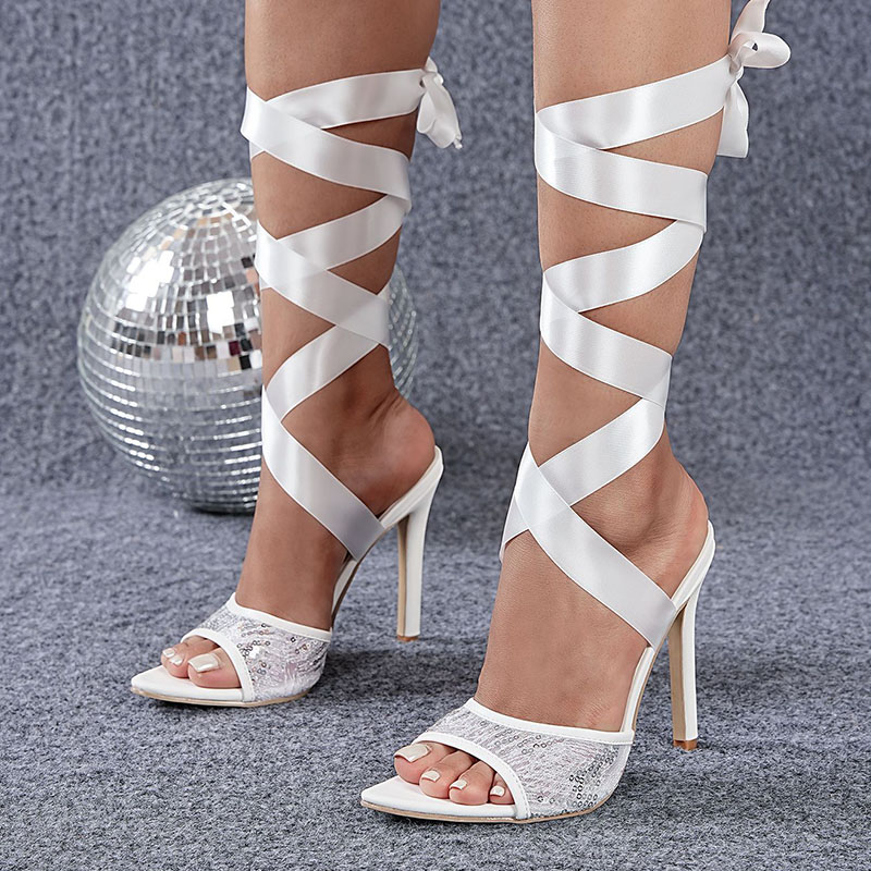 Shoeswoon Lace-Up Satin Wrap Around Leg Thin Heel Sandals
