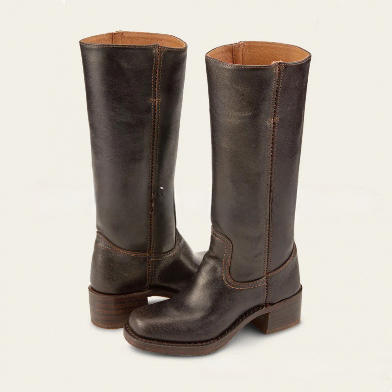 Shoeswoon Round Toe Stacked Heel Knee High Riding Boots
