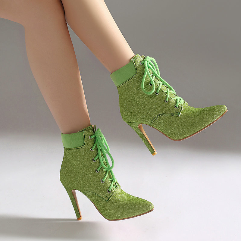 Shoeswoon Glitter Lace Up Pointed Toe Stiletto Ankle Boots