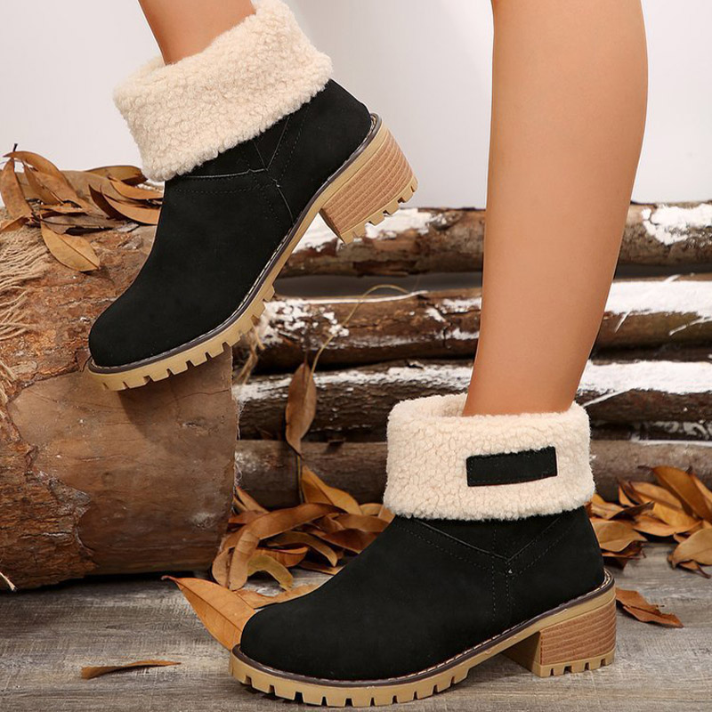 Shoeswoon Fleece Cuff Round Toe Block Heel Ankle Boots