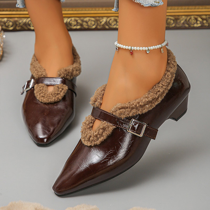 Shoeswoon Vintage Crinkle Leather Buckle Strap Warm Lined Heels