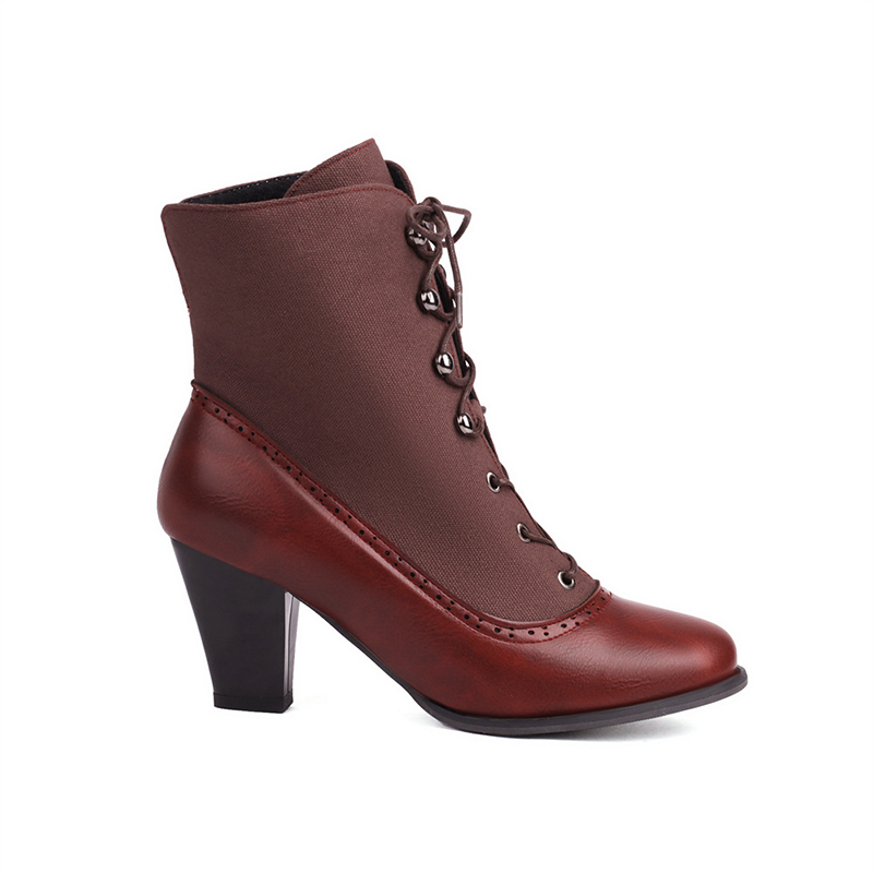 Shoeswoon Retro Panel Lace Up Ankle Heel Boots