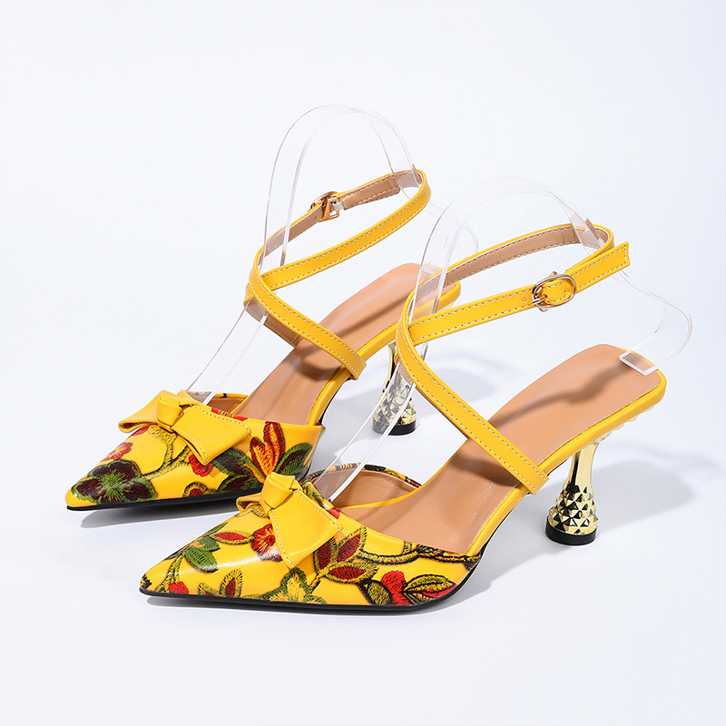 Shoeswoon Floral Print Pointed Toe Ankle Strap Sculptural Heel Pumps