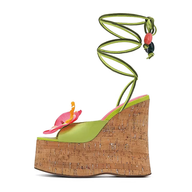 Shoeswoon Beach Vacation Floral Embellished Wrap Around Wedge Sandals